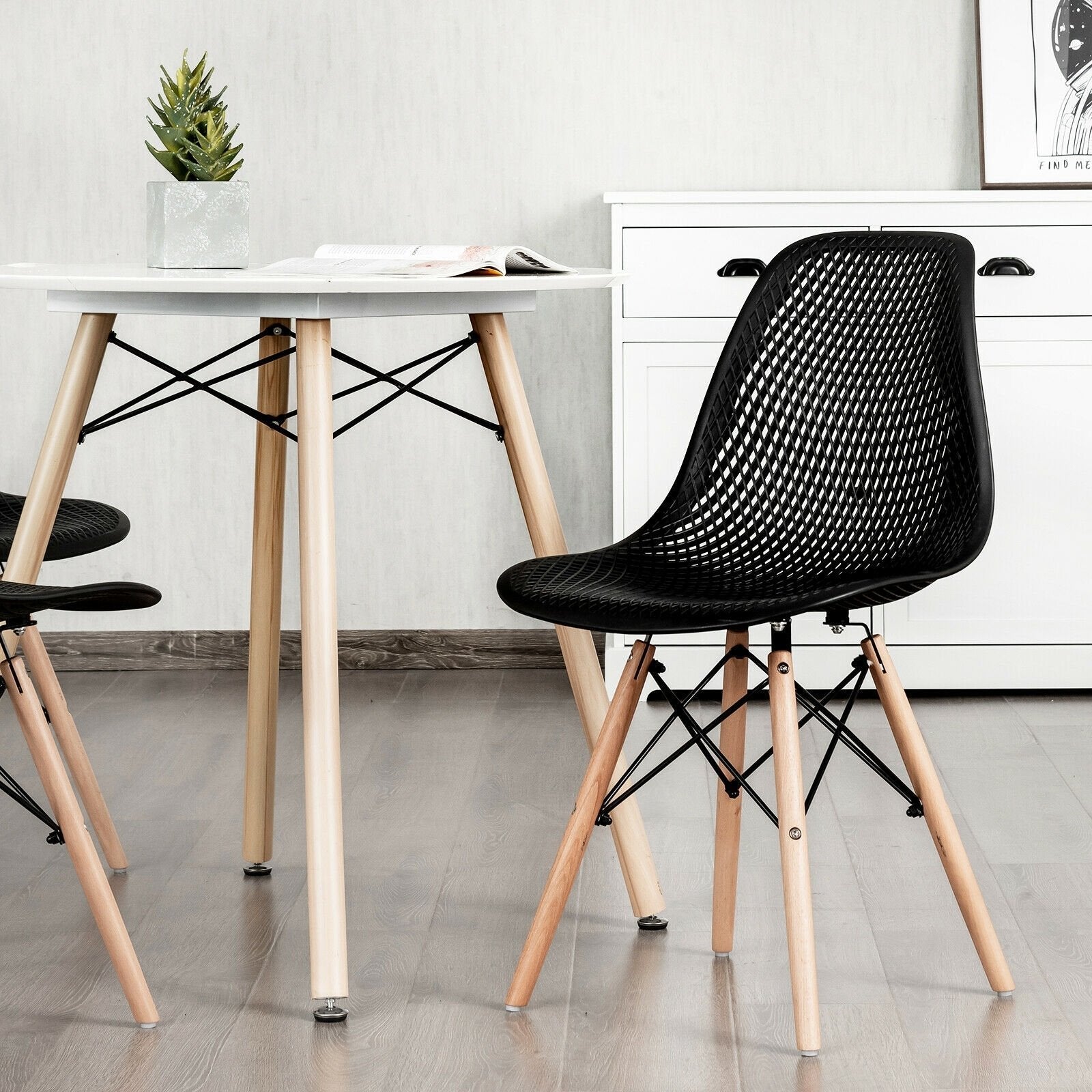 2 Pieces Modern Plastic Hollow Chair Set with Wood Leg, Black Dining Chairs   at Gallery Canada