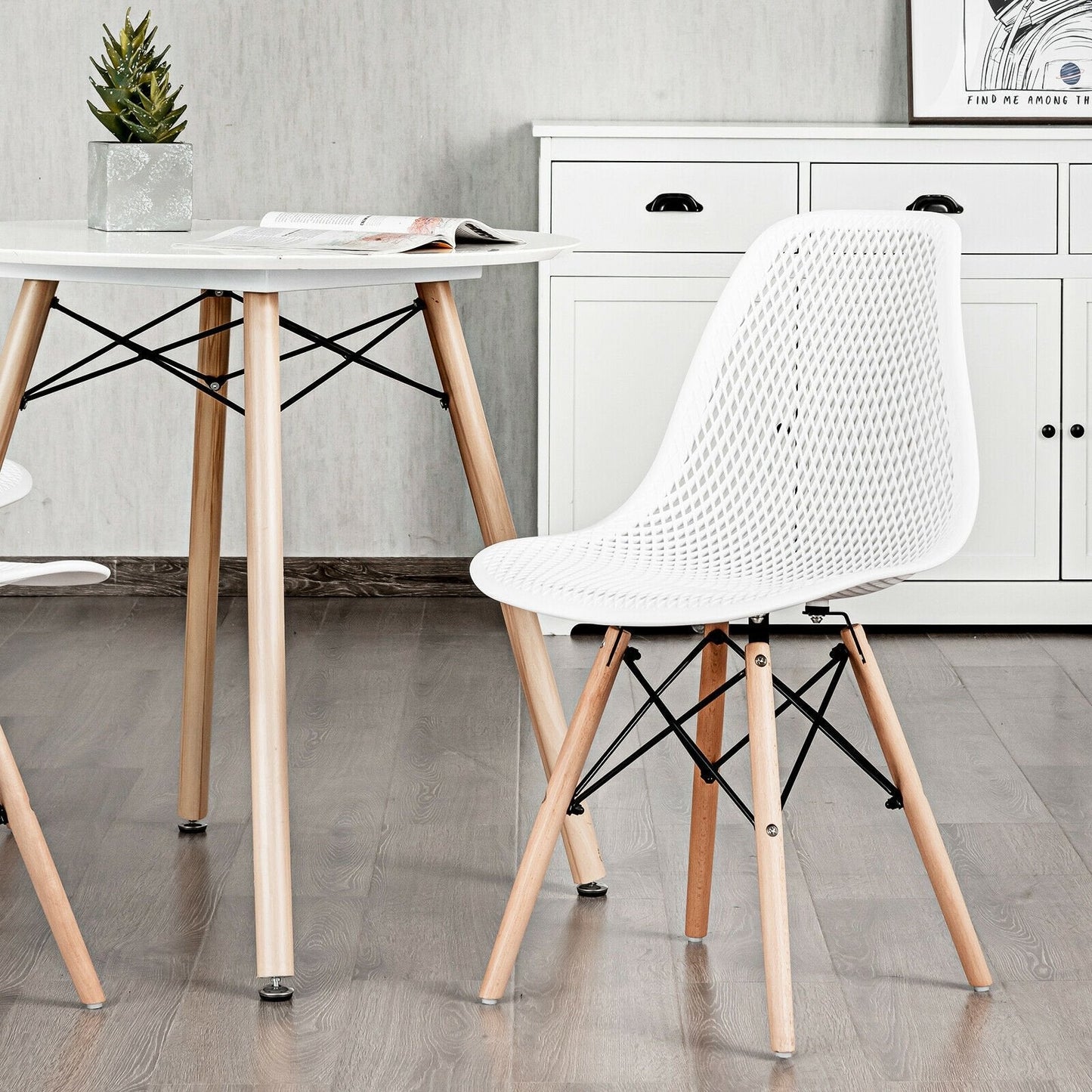 2 Pieces Modern Plastic Hollow Chair Set with Wood Leg, White Dining Chairs   at Gallery Canada