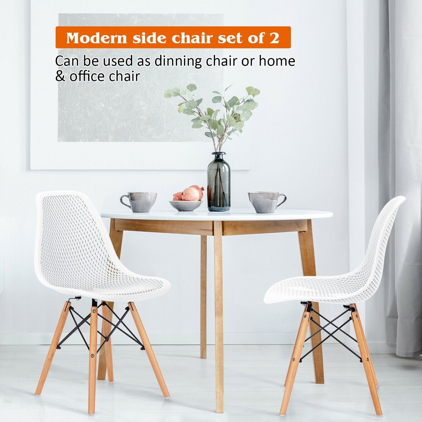 2 Pieces Modern Plastic Hollow Chair Set with Wood Leg, White Dining Chairs   at Gallery Canada