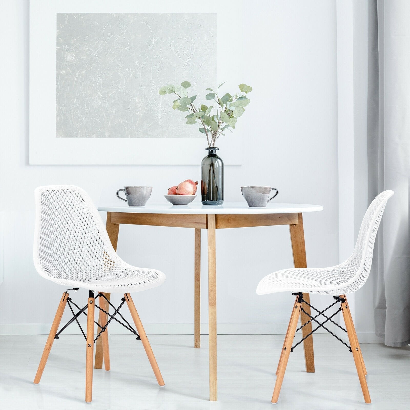 2 Pieces Modern Plastic Hollow Chair Set with Wood Leg, White Dining Chairs   at Gallery Canada