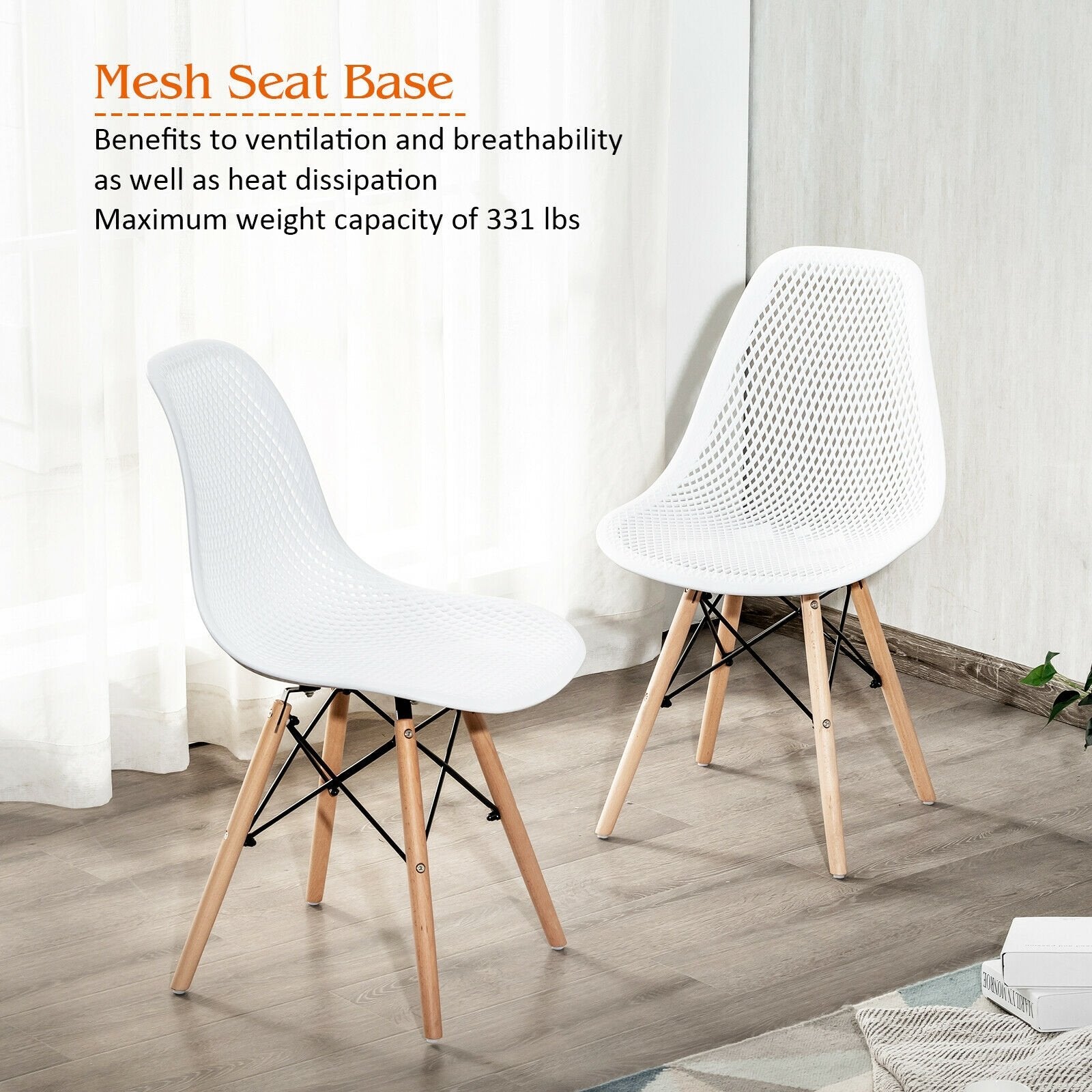 2 Pieces Modern Plastic Hollow Chair Set with Wood Leg, White Dining Chairs   at Gallery Canada