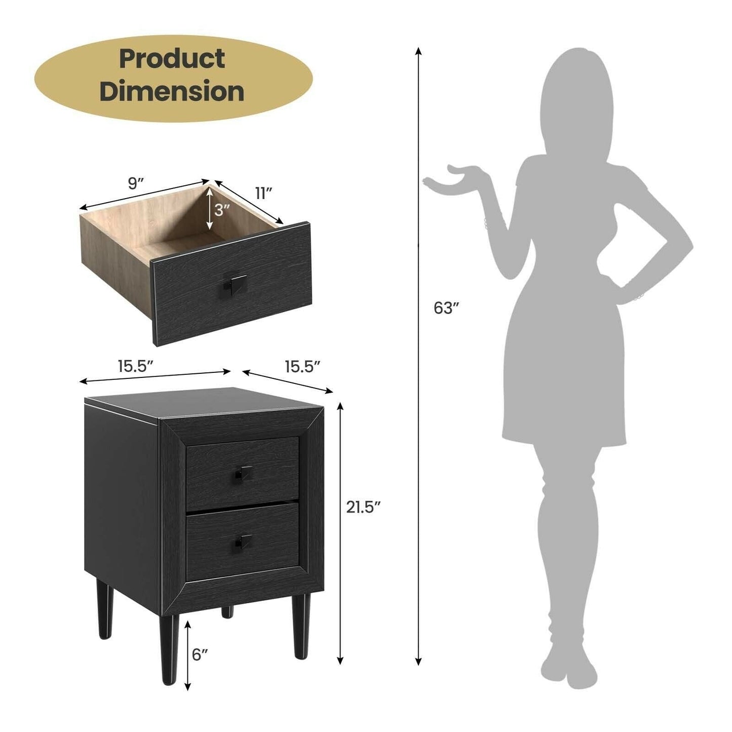 2 Pieces Multipurpose Retro Nightstand with 2 Drawers, Black Nightstands   at Gallery Canada