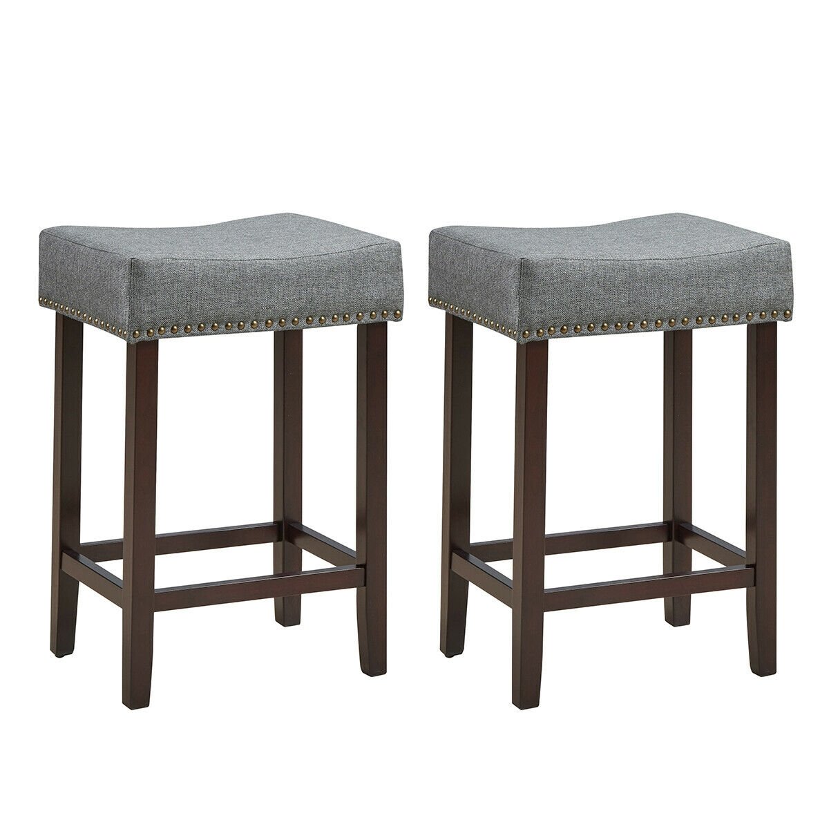 2 Pieces Nailhead Saddle Bar Stools with Fabric Seat and Wood Legs, Gray Bar Stools   at Gallery Canada