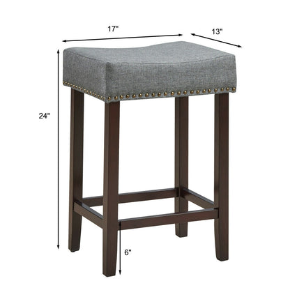 2 Pieces Nailhead Saddle Bar Stools with Fabric Seat and Wood Legs, Gray Bar Stools   at Gallery Canada