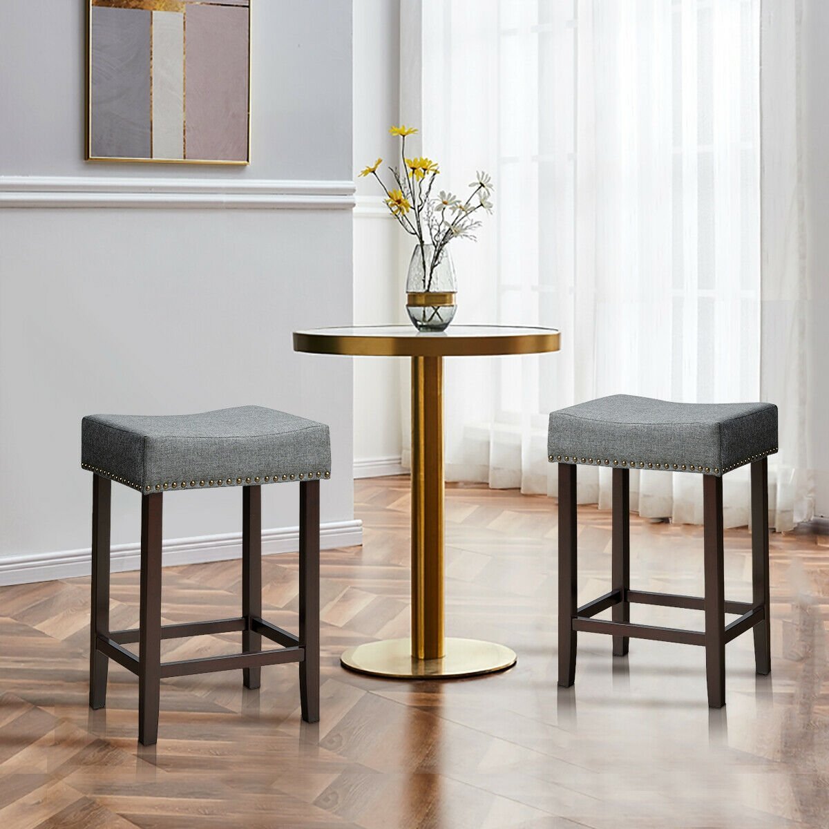 2 Pieces Nailhead Saddle Bar Stools with Fabric Seat and Wood Legs, Gray Bar Stools   at Gallery Canada