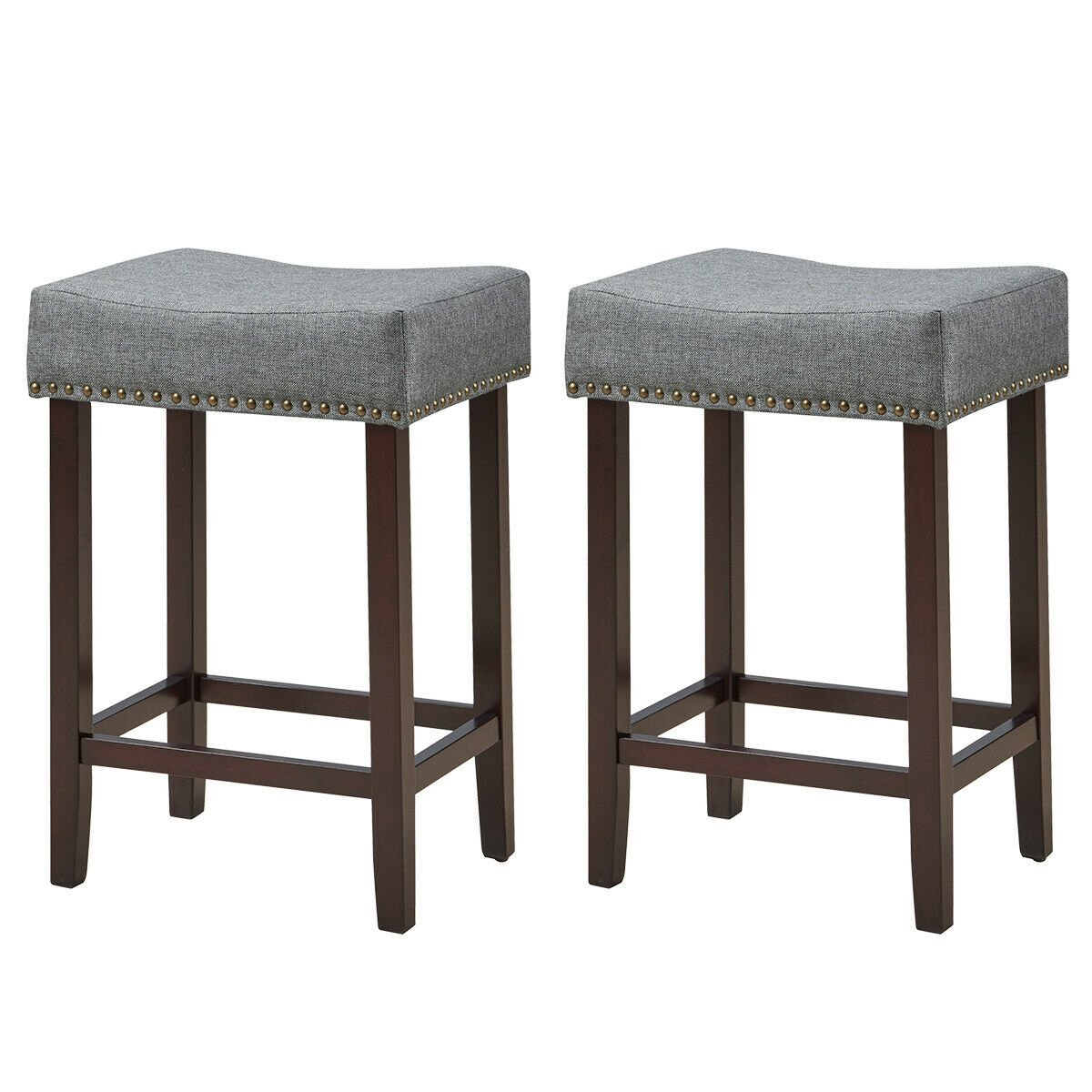 2 Pieces Nailhead Saddle Bar Stools with Fabric Seat and Wood Legs, Gray Bar Stools   at Gallery Canada