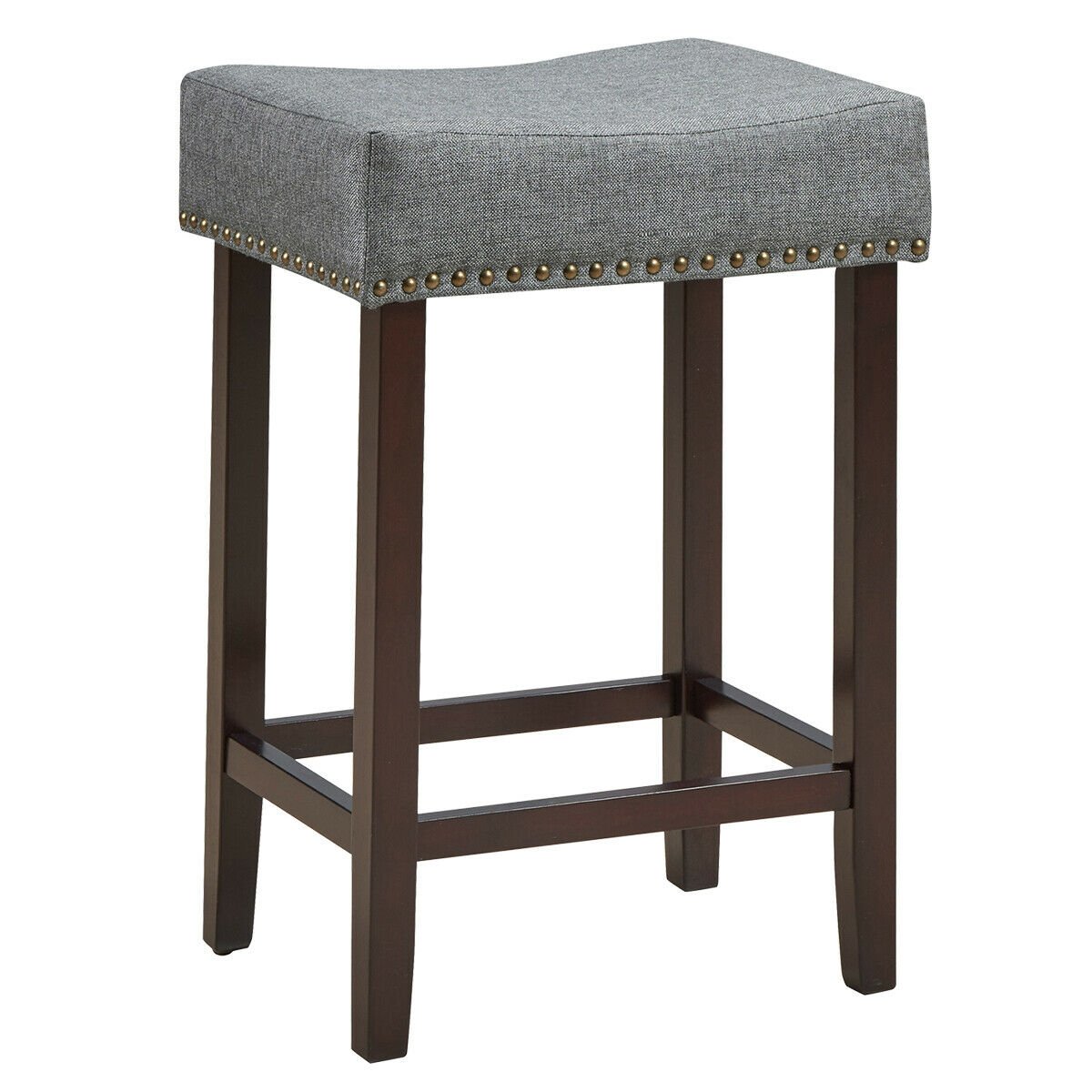 2 Pieces Nailhead Saddle Bar Stools with Fabric Seat and Wood Legs, Gray Bar Stools   at Gallery Canada