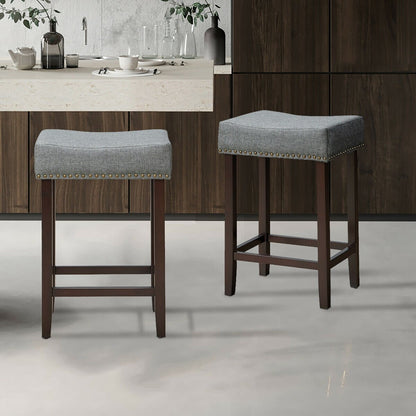 2 Pieces Nailhead Saddle Bar Stools with Fabric Seat and Wood Legs, Gray Bar Stools   at Gallery Canada