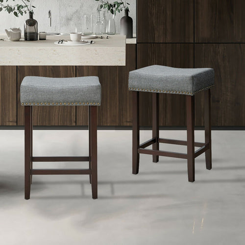 2 Pieces Nailhead Saddle Bar Stools with Fabric Seat and Wood Legs, Gray