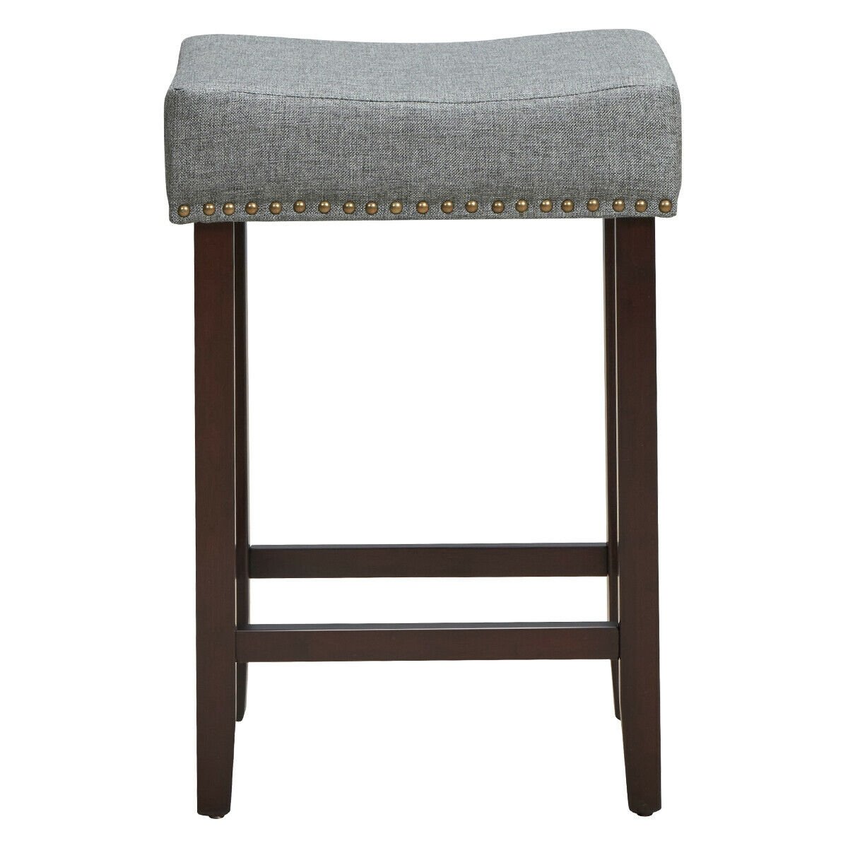 2 Pieces Nailhead Saddle Bar Stools with Fabric Seat and Wood Legs, Gray Bar Stools   at Gallery Canada