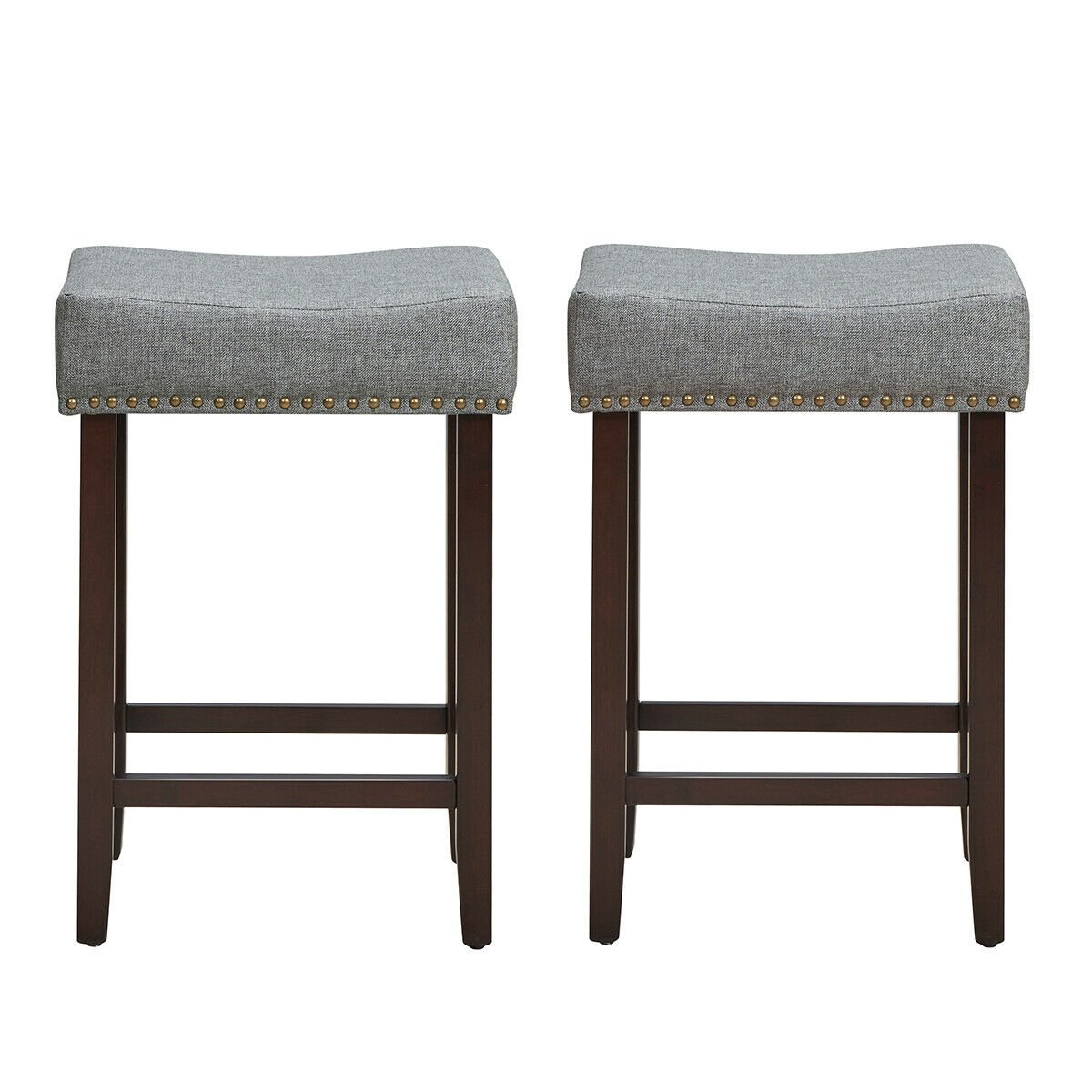 2 Pieces Nailhead Saddle Bar Stools with Fabric Seat and Wood Legs, Gray Bar Stools   at Gallery Canada