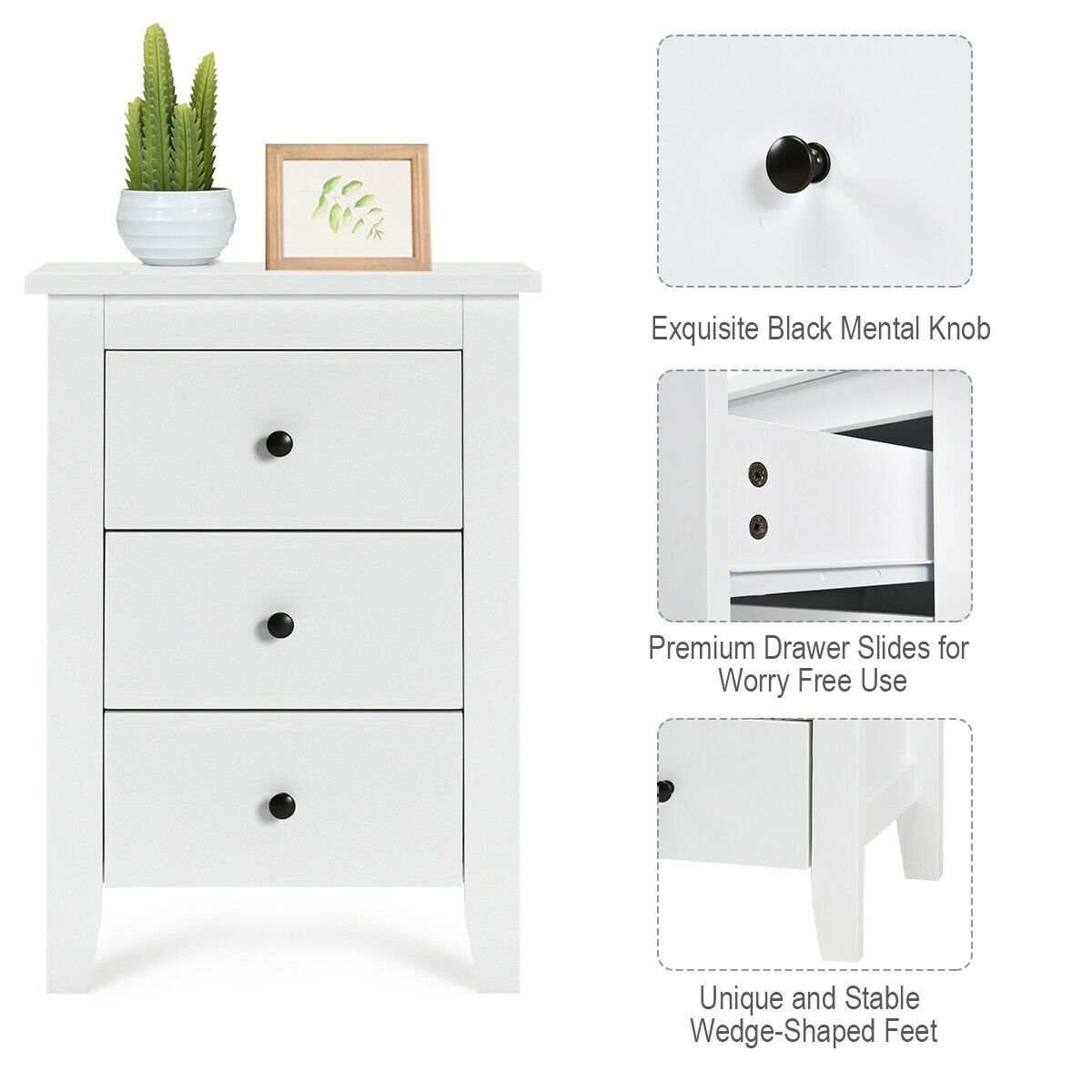 2 Pieces Nightstand End Beside Table with 3 Drawers, White Nightstands   at Gallery Canada