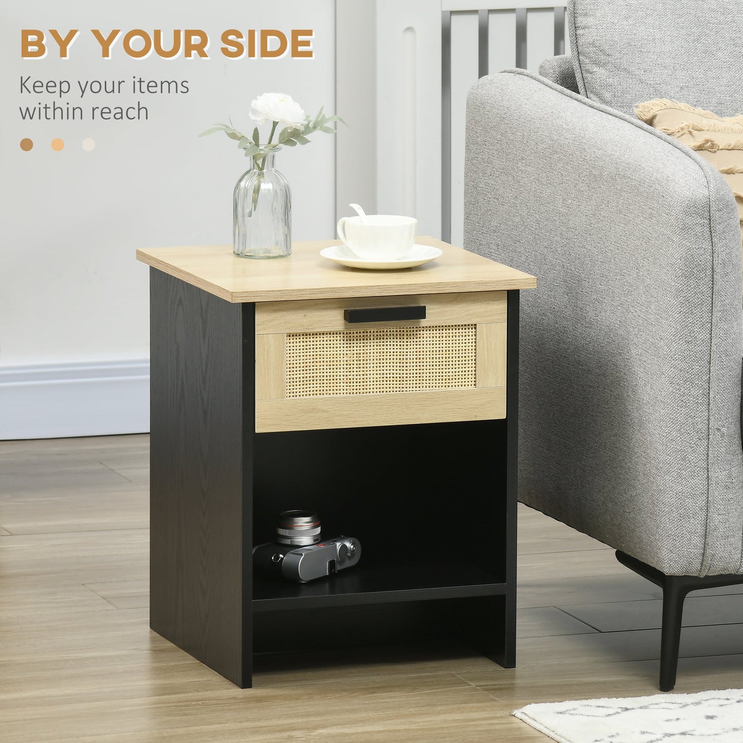 2 Pieces Nightstands, Boho Bedside Tables with Drawer and Storage Shelf for Bedroom, Living Room, Black Bedside Tables   at Gallery Canada