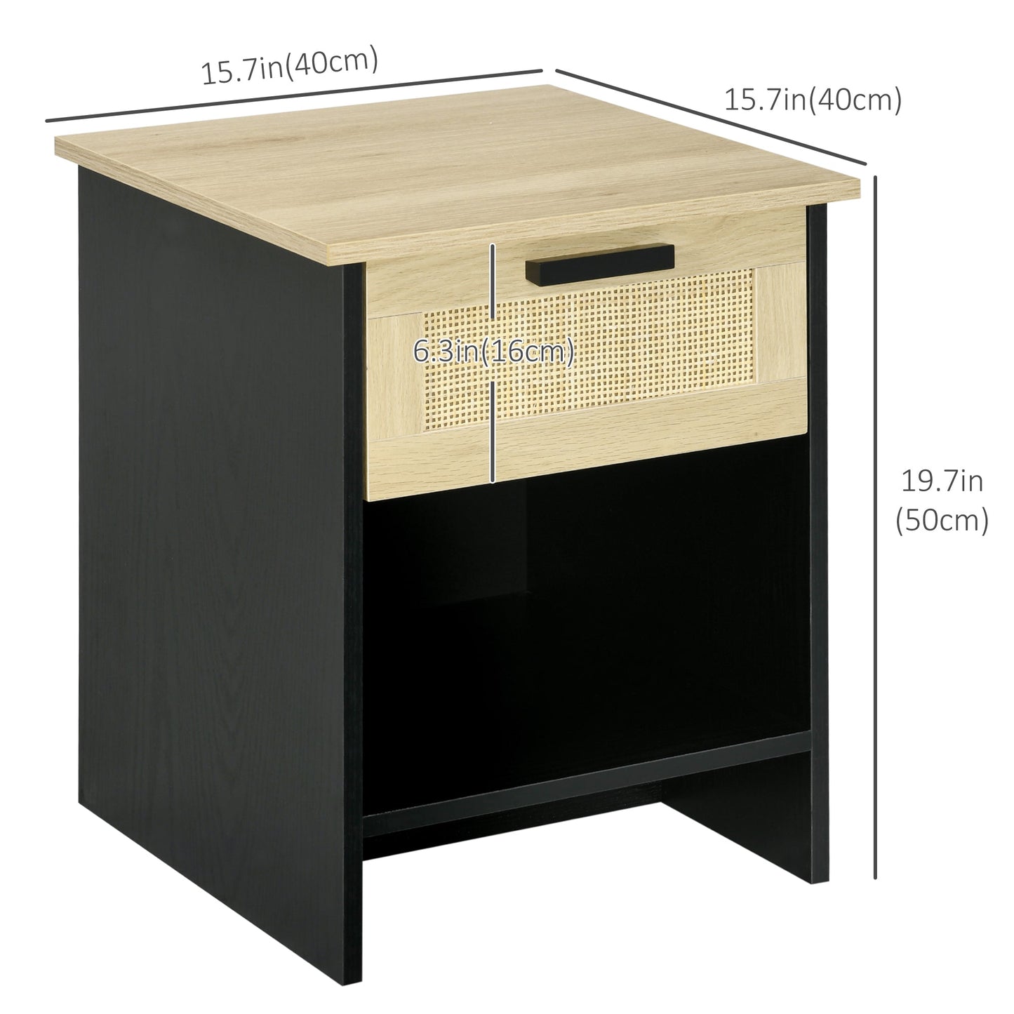 2 Pieces Nightstands, Boho Bedside Tables with Drawer and Storage Shelf for Bedroom, Living Room, Black Bedside Tables   at Gallery Canada