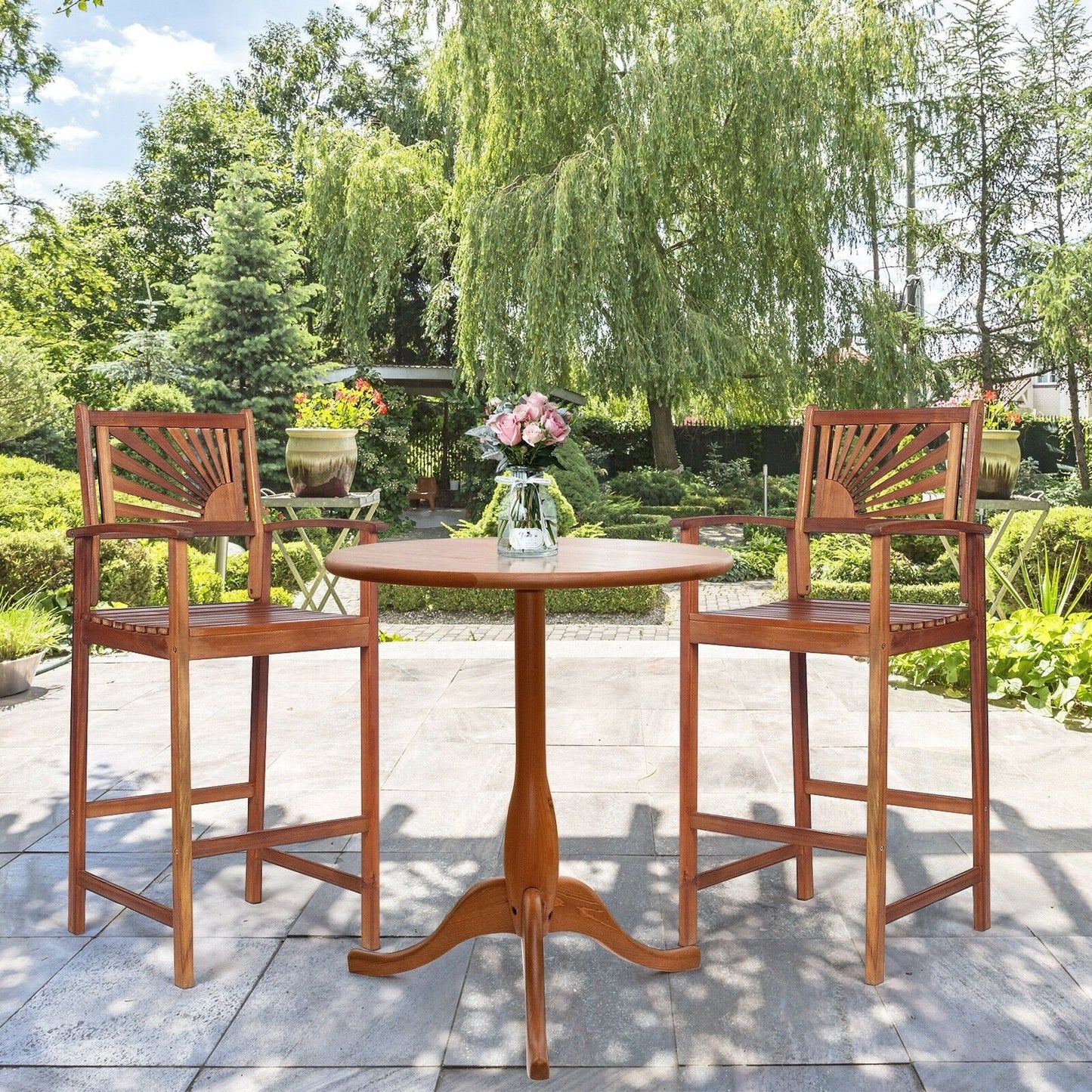 2 Pieces Outdoor Acacia Wood Bar Chairs with Sunflower Backrest and Armrests, Brown Patio Bar Furniture   at Gallery Canada