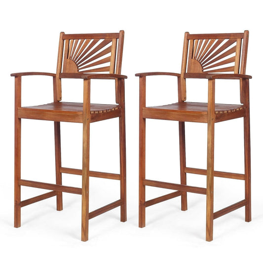 2 Pieces Outdoor Acacia Wood Bar Chairs with Sunflower Backrest and Armrests, Brown Patio Bar Furniture   at Gallery Canada