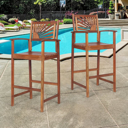 2 Pieces Outdoor Acacia Wood Bar Chairs with Sunflower Backrest and Armrests, Brown Patio Bar Furniture   at Gallery Canada