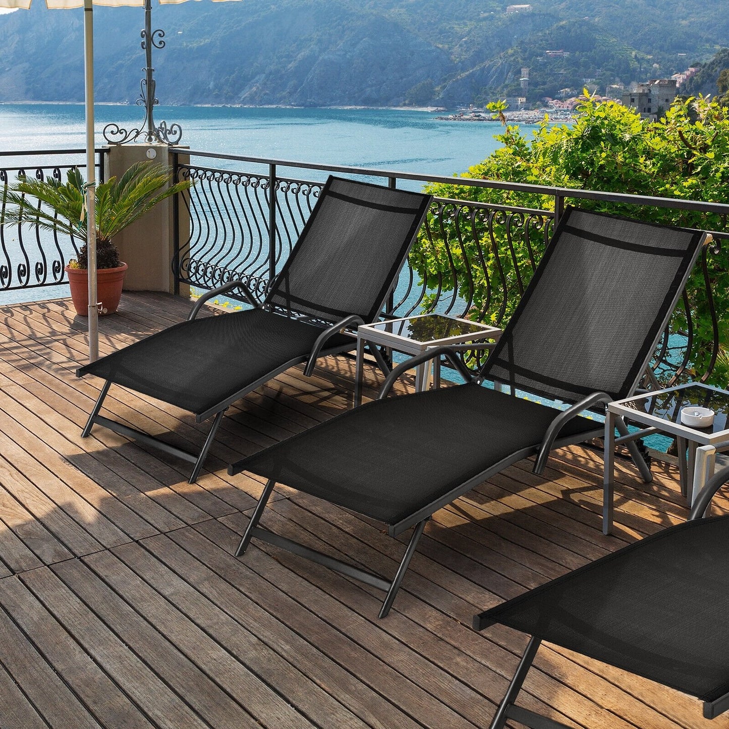 2 Pieces Outdoor Chaise Lounge with 5-Position Adjustable Backrest, Black Outdoor Chaise Lounges   at Gallery Canada