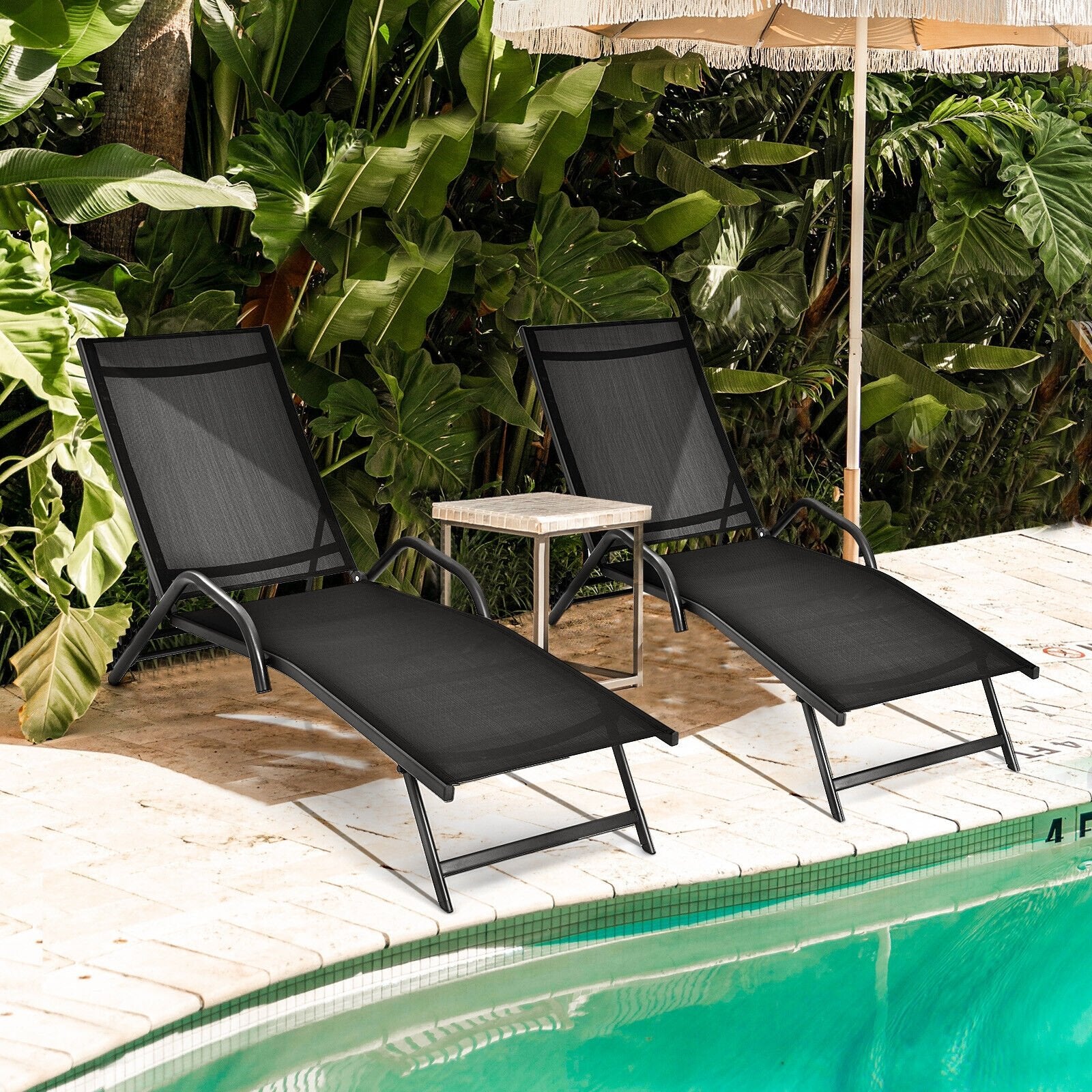 2 Pieces Outdoor Chaise Lounge with 5-Position Adjustable Backrest, Black Outdoor Chaise Lounges   at Gallery Canada