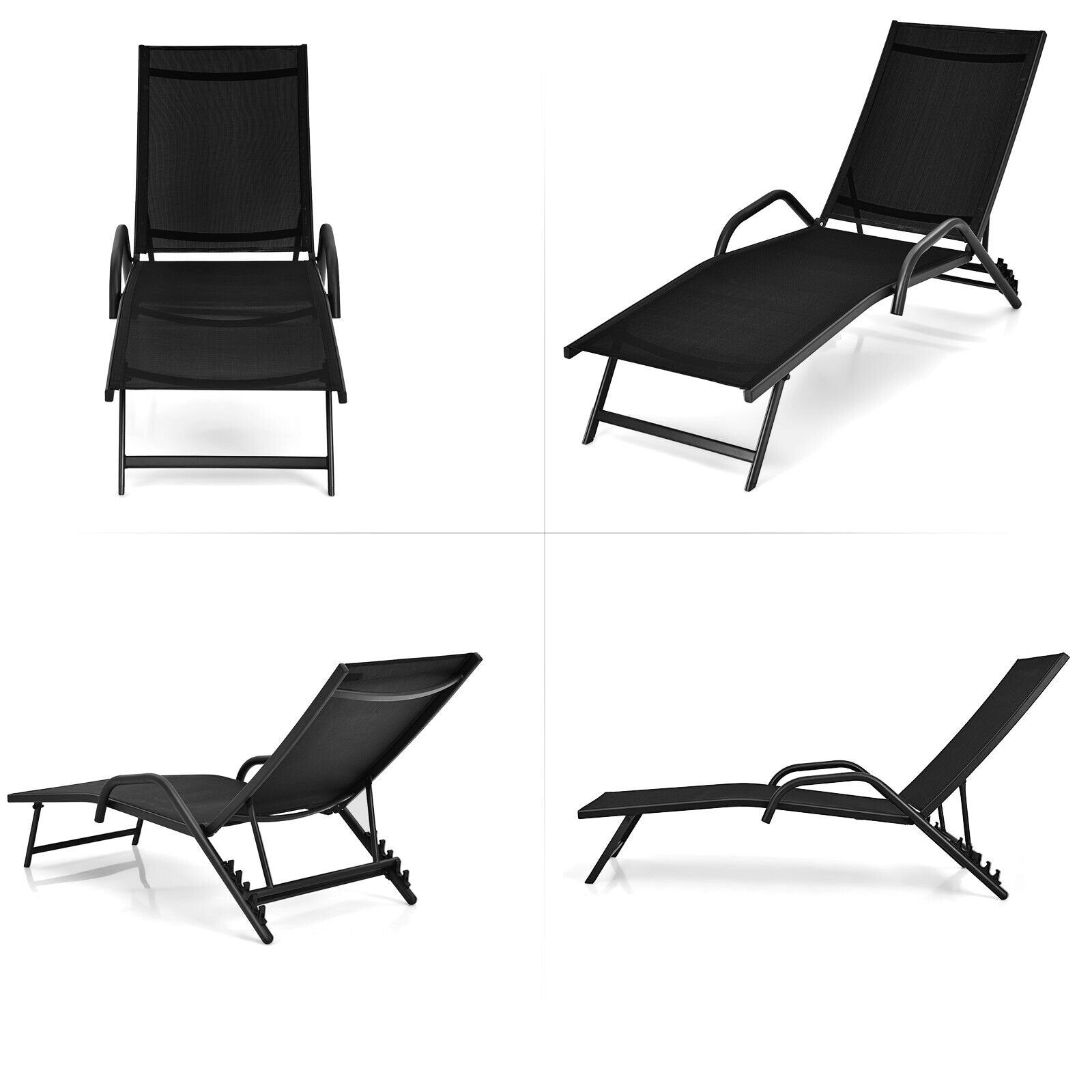 2 Pieces Outdoor Chaise Lounge with 5-Position Adjustable Backrest, Black Outdoor Chaise Lounges   at Gallery Canada