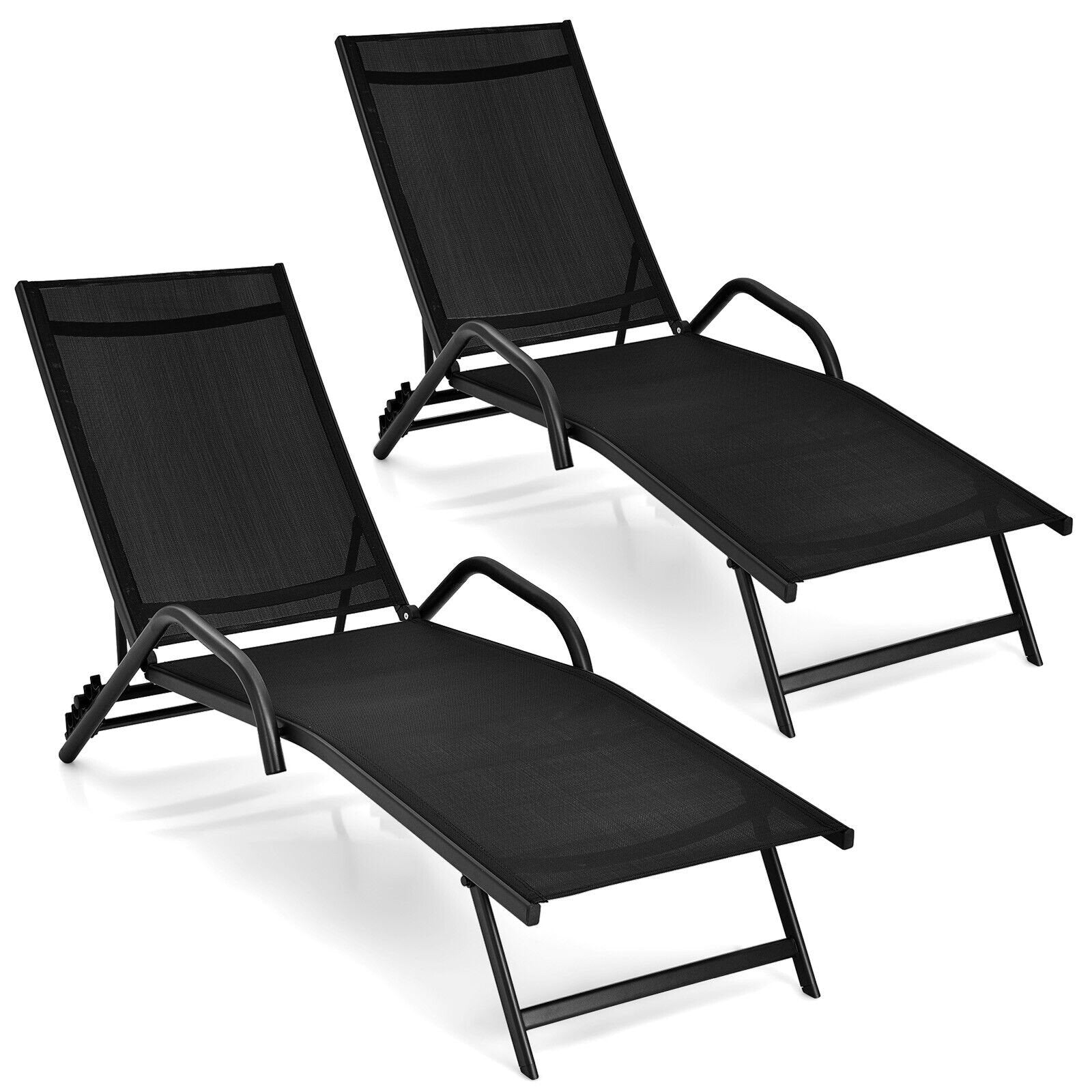 2 Pieces Outdoor Chaise Lounge with 5-Position Adjustable Backrest, Black Outdoor Chaise Lounges   at Gallery Canada