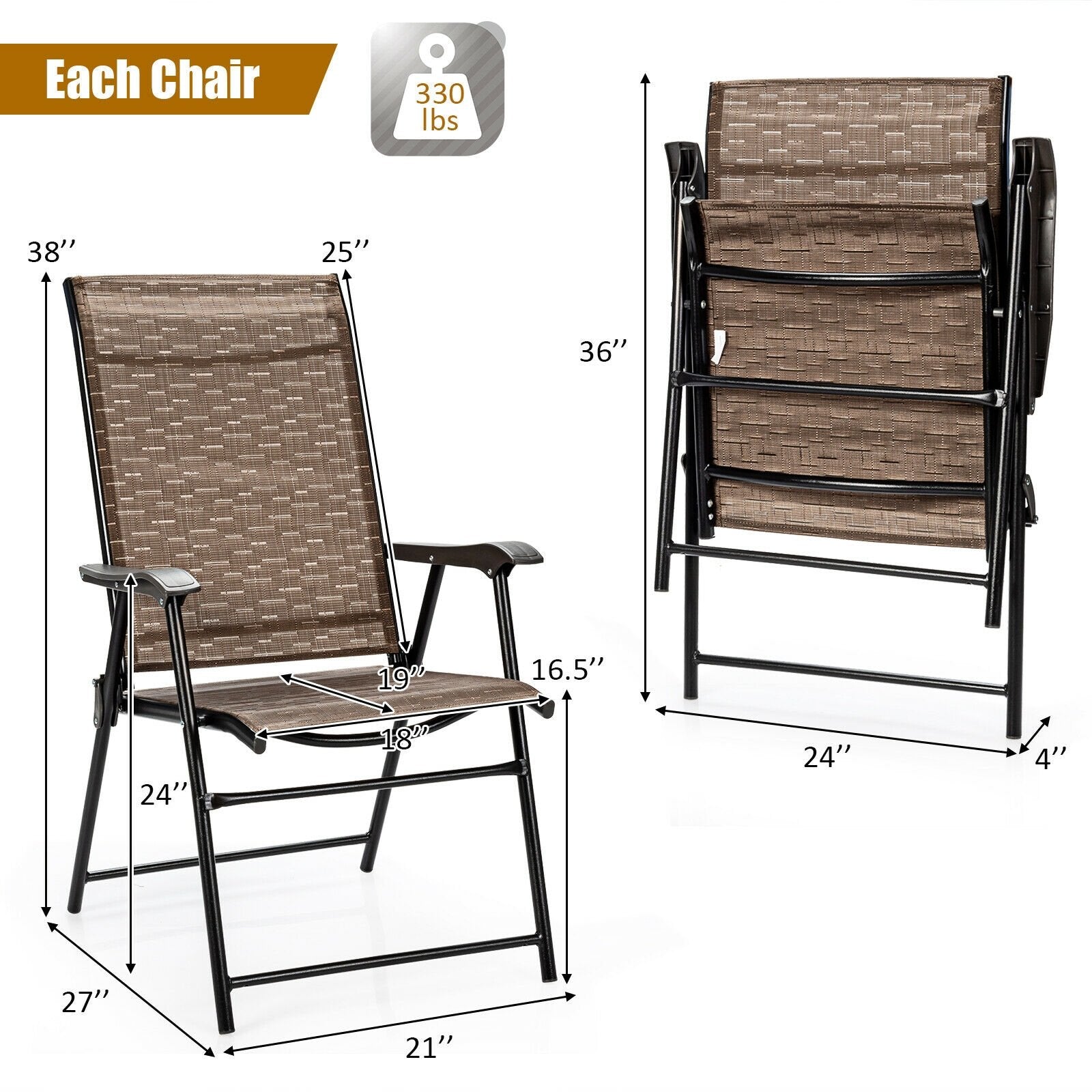 2 Pieces Outdoor Patio Folding Chair with Armrest for Camping Garden, Brown Patio Dining Chairs   at Gallery Canada