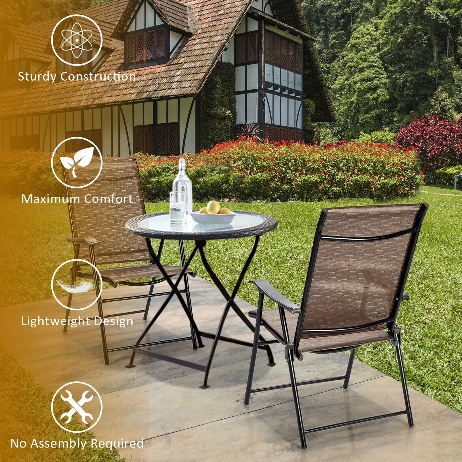 2 Pieces Outdoor Patio Folding Chair with Armrest for Camping Garden, Brown Patio Dining Chairs   at Gallery Canada