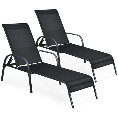 2 Pieces Outdoor Patio Lounge Chair Chaise Fabric with Adjustable Reclining Armrest, Black