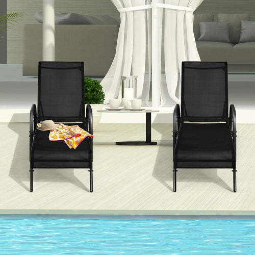 2 Pieces Outdoor Patio Lounge Chair Chaise Fabric with Adjustable Reclining Armrest, Black