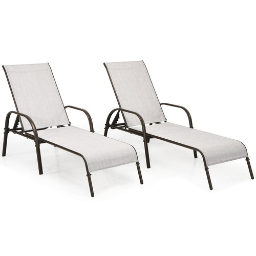 2 Pieces Outdoor Patio Lounge Chair Chaise Fabric with Adjustable Reclining Armrest, Gray