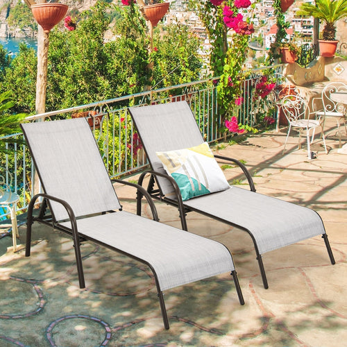 2 Pieces Outdoor Patio Lounge Chair Chaise Fabric with Adjustable Reclining Armrest, Gray