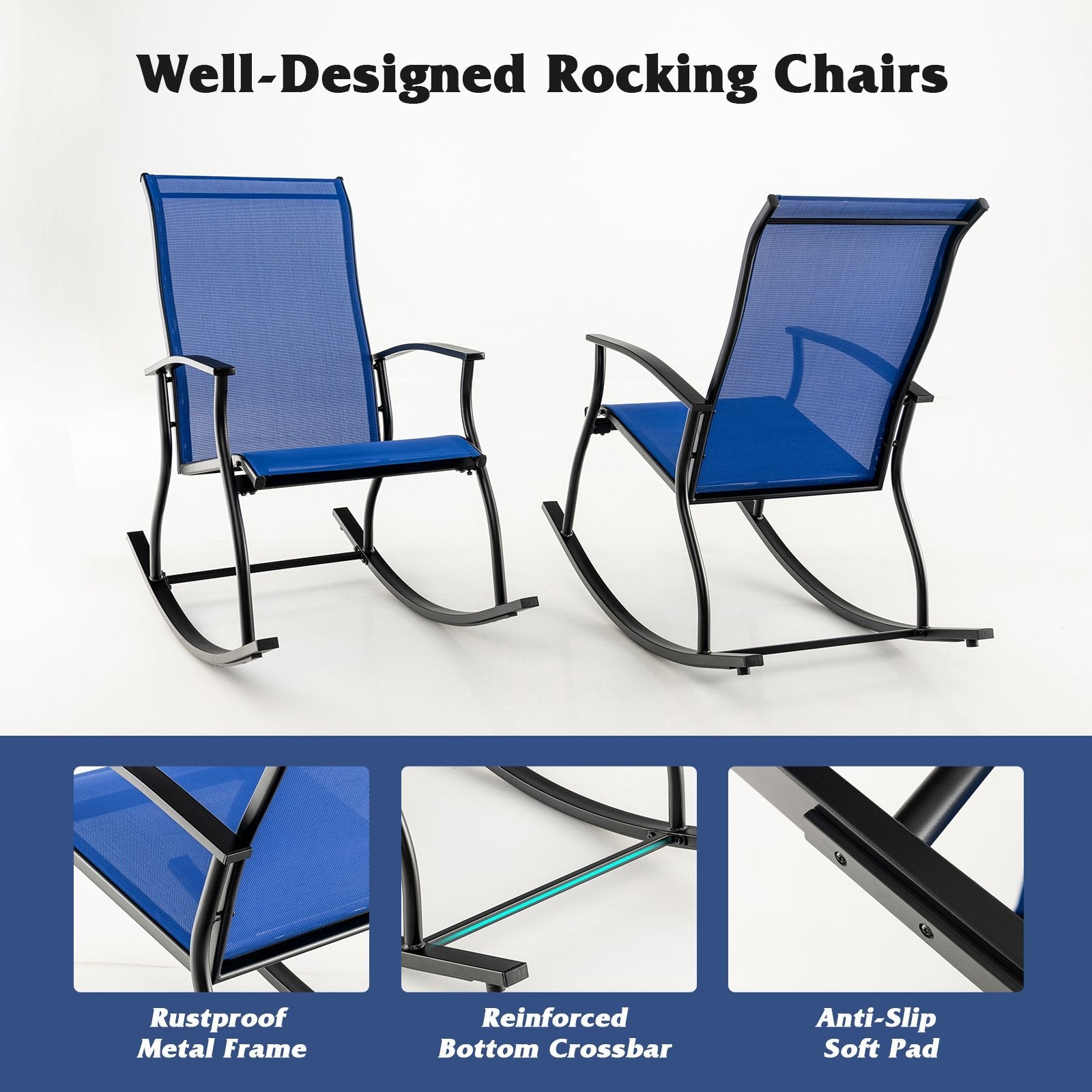 2 Pieces Outdoor Rocking Chairs with Breathable Backrest, Navy Patio Rocking Chairs & Gliders   at Gallery Canada