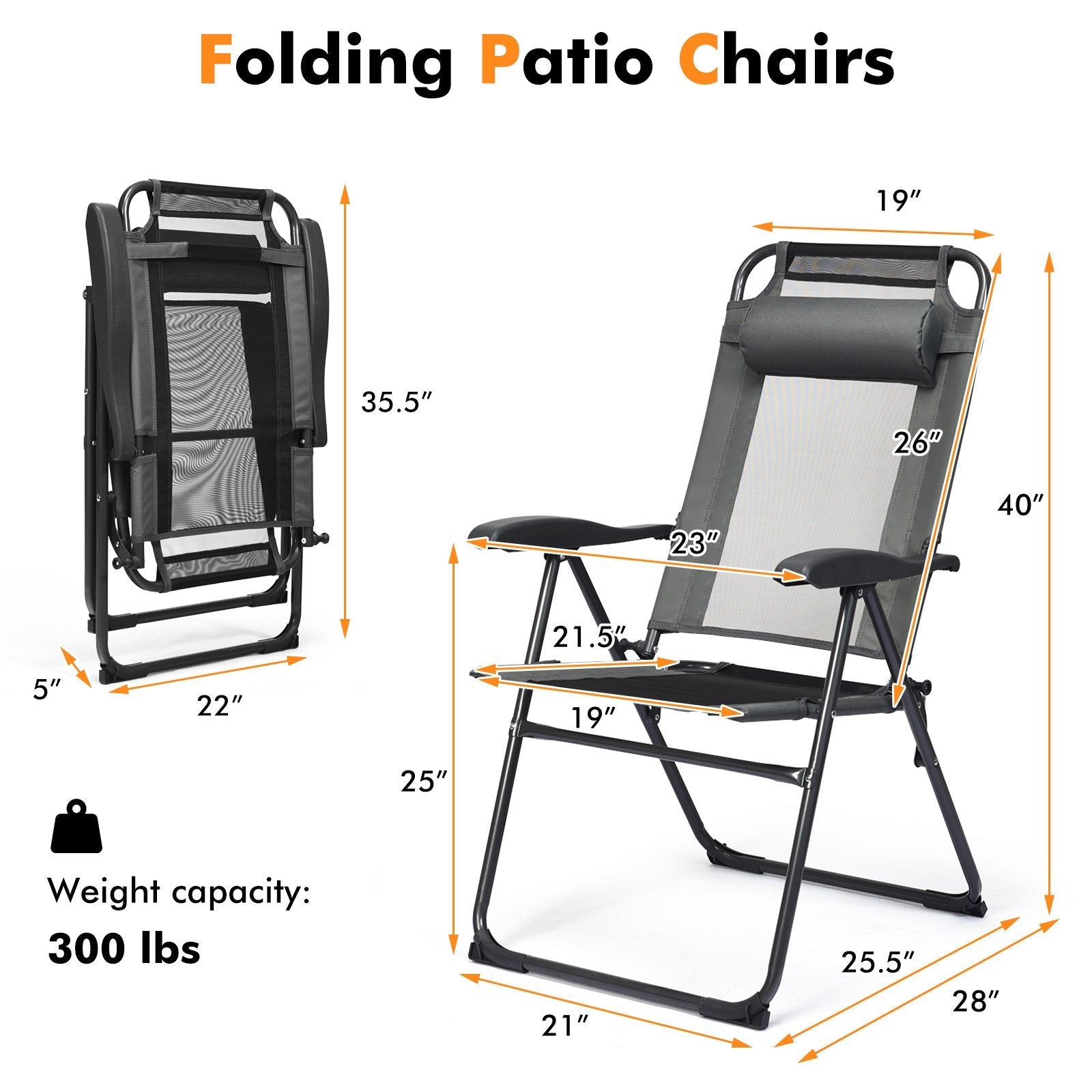 2 Pieces Patio Adjustable Folding Recliner Chairs with 7 Level Adjustable Backrest, Gray Beach & Lawn Chairs   at Gallery Canada