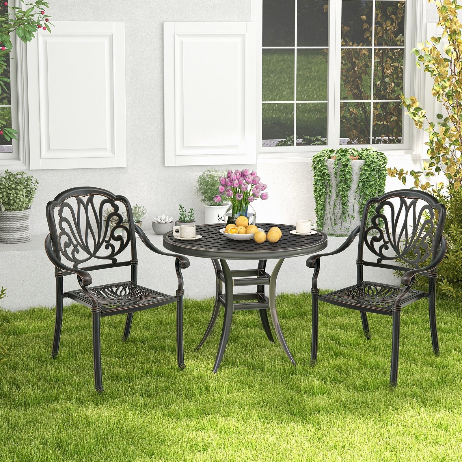 2 Pieces Patio Cast Aluminum Dining Chairs with Armrests, Bronze Patio Dining Chairs   at Gallery Canada