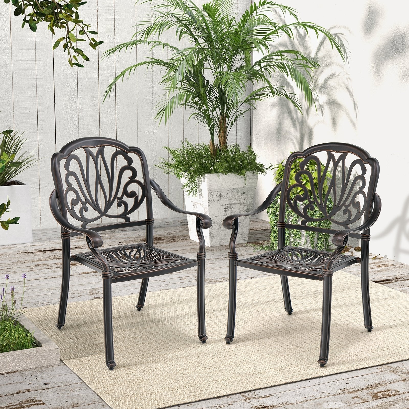 2 Pieces Patio Cast Aluminum Dining Chairs with Armrests, Bronze Patio Dining Chairs   at Gallery Canada