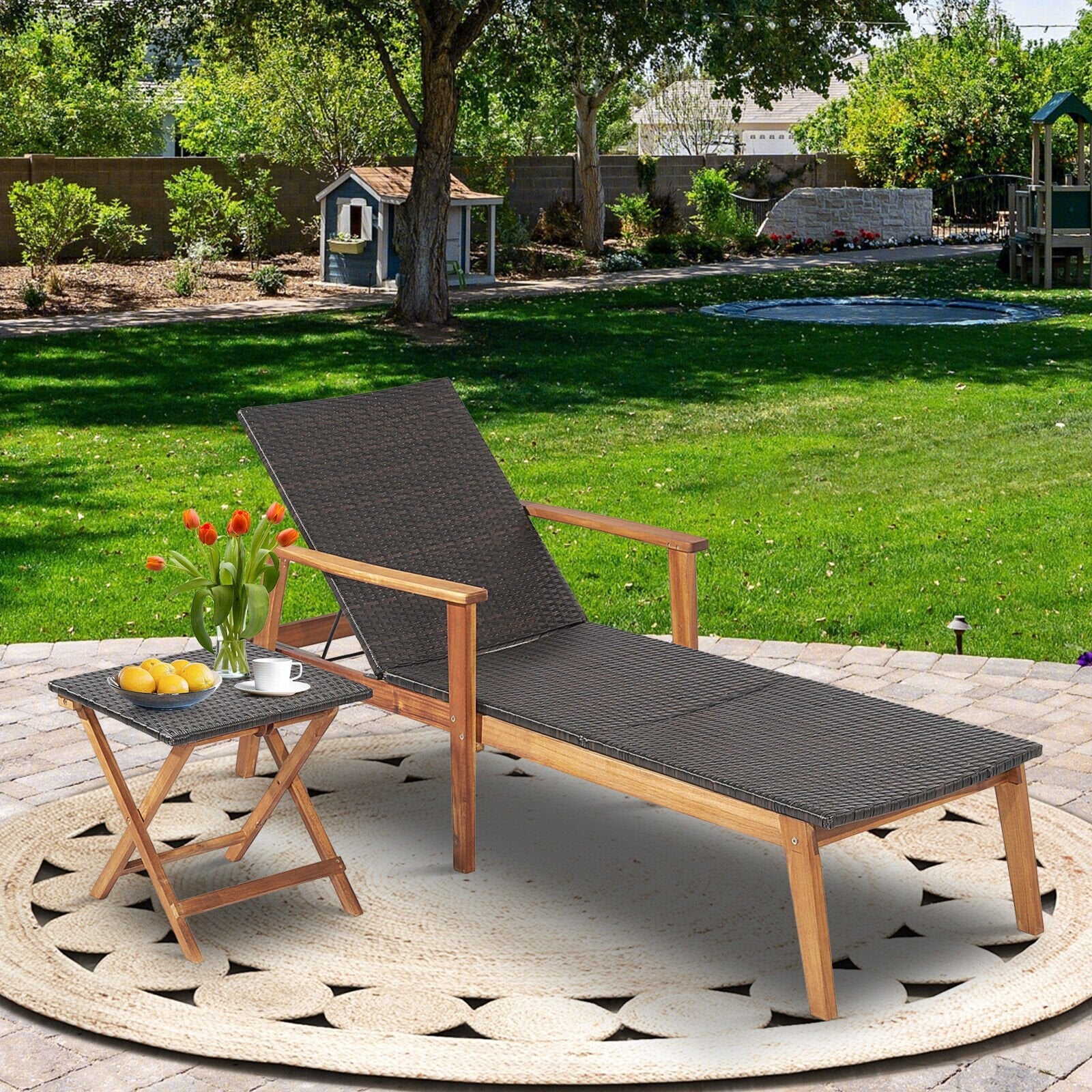 2 Pieces Patio Chaise Lounge and Table Set with 4-Level Adjustable Backrest, Brown Outdoor Chaise Lounges   at Gallery Canada