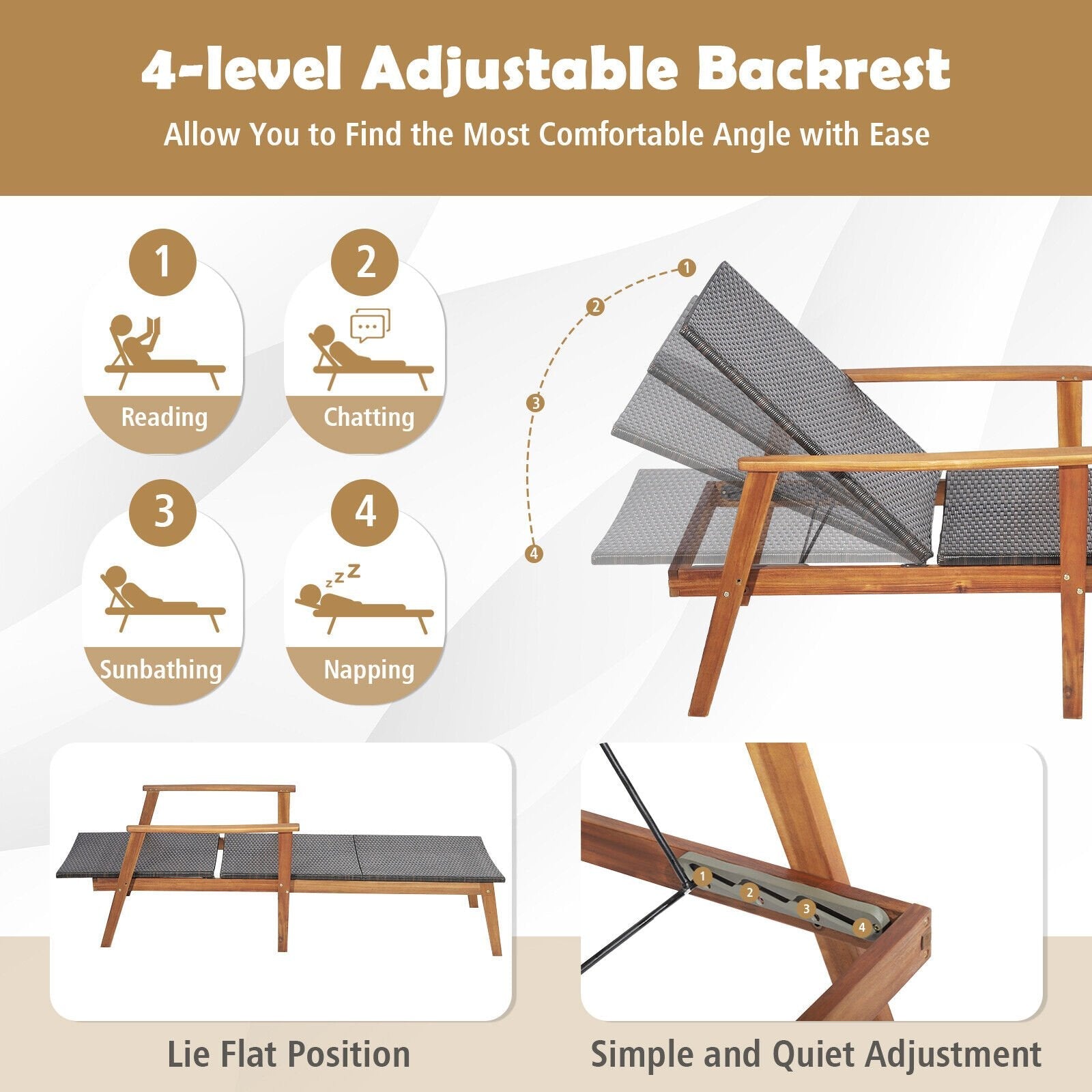 2 Pieces Patio Chaise Lounge and Table Set with 4-Level Adjustable Backrest, Brown Outdoor Chaise Lounges   at Gallery Canada