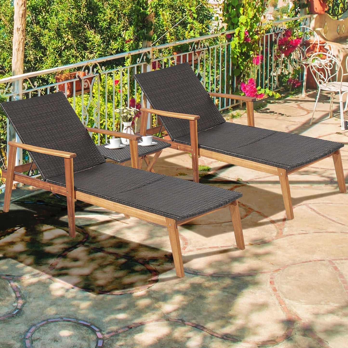 2 Pieces Patio Chaise Lounge and Table Set with 4-Level Adjustable Backrest, Brown Outdoor Chaise Lounges   at Gallery Canada