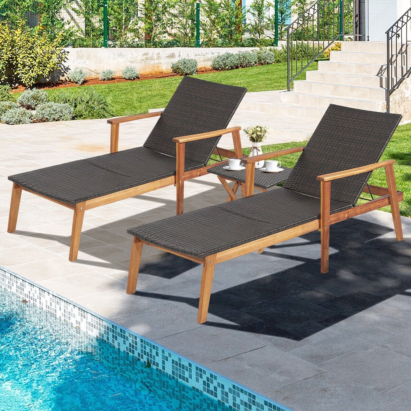 2 Pieces Patio Chaise Lounge and Table Set with 4-Level Adjustable Backrest, Brown Outdoor Chaise Lounges   at Gallery Canada