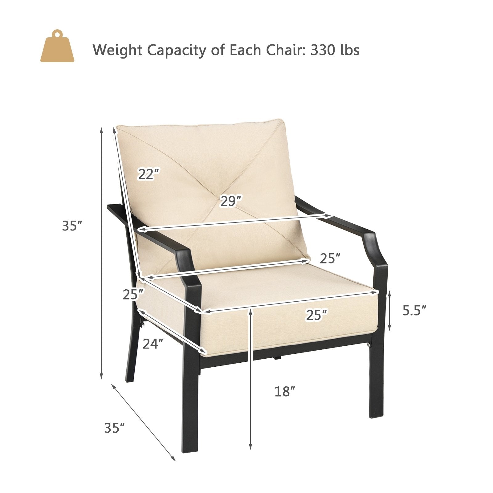 2 Pieces Patio Dining Set with Padded Cushions Armrest Steel Frame, Beige Patio Dining Chairs   at Gallery Canada