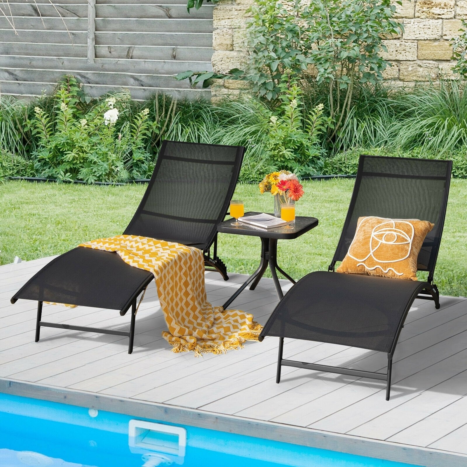 2 Pieces Patio Folding and Stackable Chaise Lounge Chair with 5-Position Adjustment, Black Outdoor Chaise Lounges   at Gallery Canada