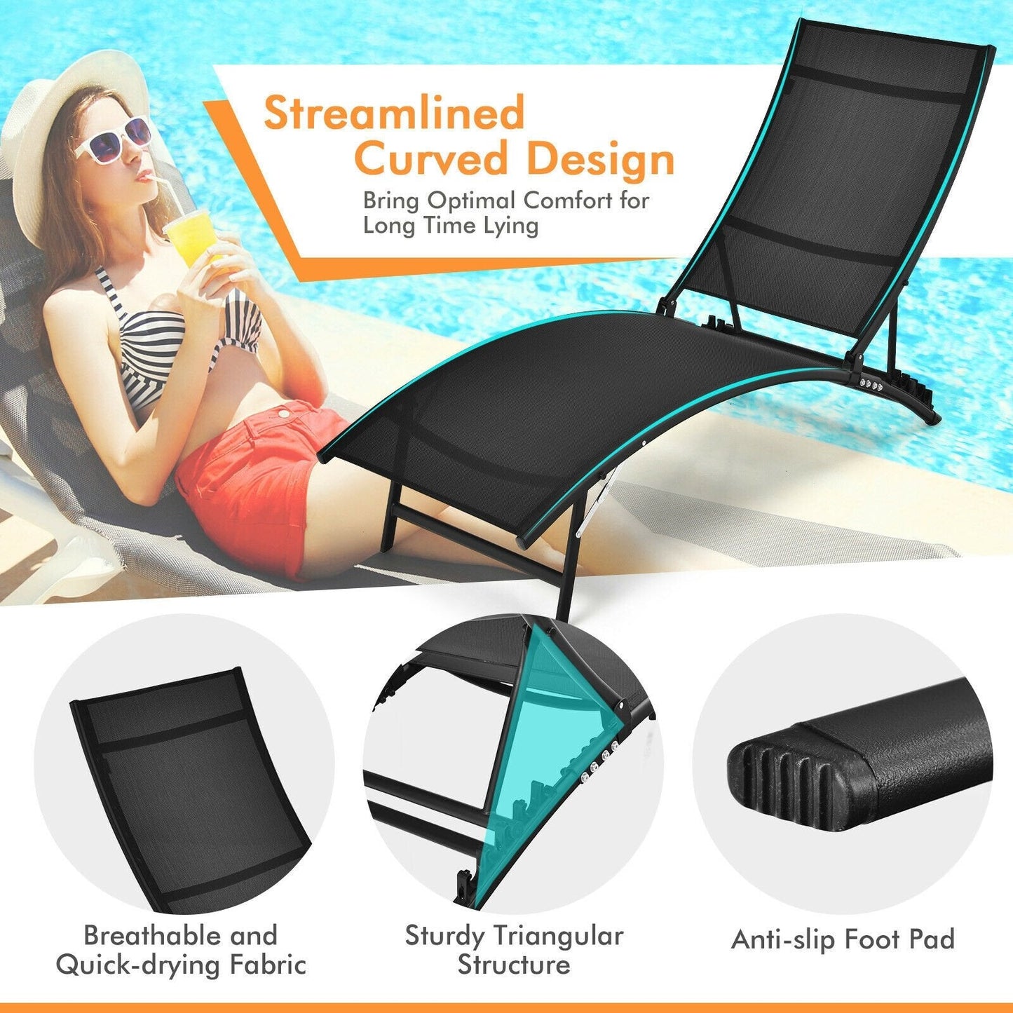 2 Pieces Patio Folding and Stackable Chaise Lounge Chair with 5-Position Adjustment, Black Outdoor Chaise Lounges   at Gallery Canada