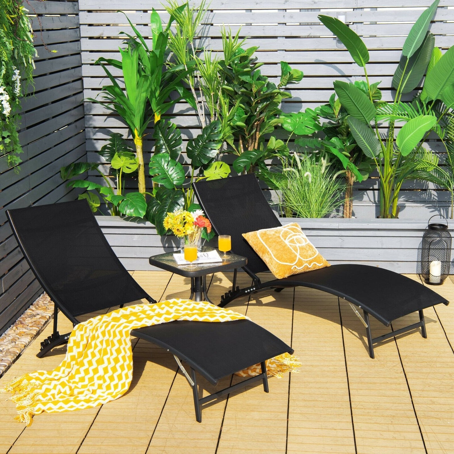 2 Pieces Patio Folding and Stackable Chaise Lounge Chair with 5-Position Adjustment, Black Outdoor Chaise Lounges   at Gallery Canada