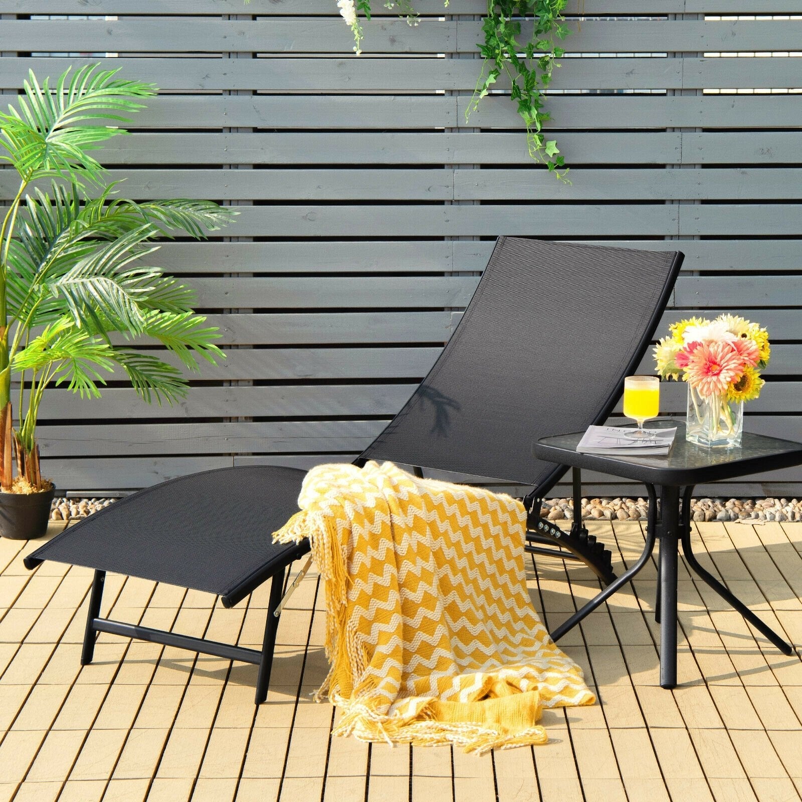 2 Pieces Patio Folding and Stackable Chaise Lounge Chair with 5-Position Adjustment, Black Outdoor Chaise Lounges   at Gallery Canada