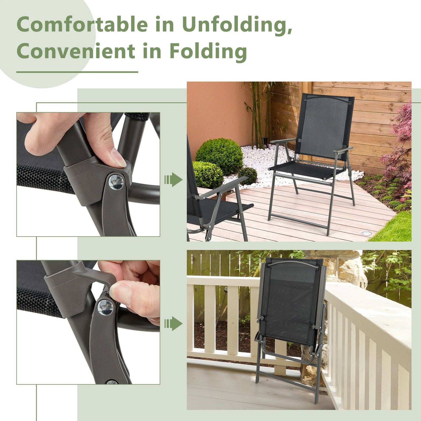 2 Pieces Patio Folding Chairs with Armrests for Deck Garden Yard, Black & Gray Patio Dining Chairs   at Gallery Canada