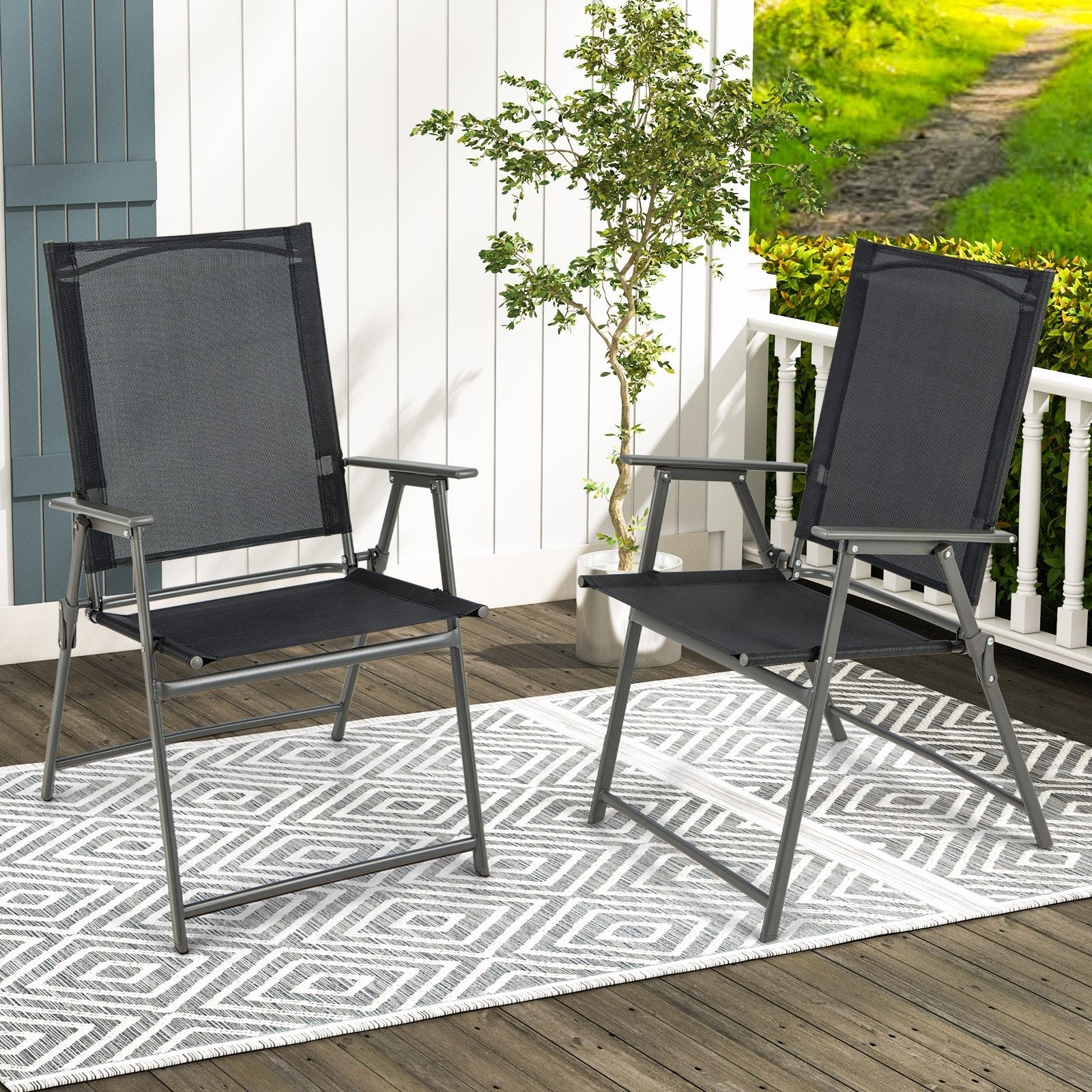 2 Pieces Patio Folding Chairs with Armrests for Deck Garden Yard, Black & Gray Patio Dining Chairs   at Gallery Canada