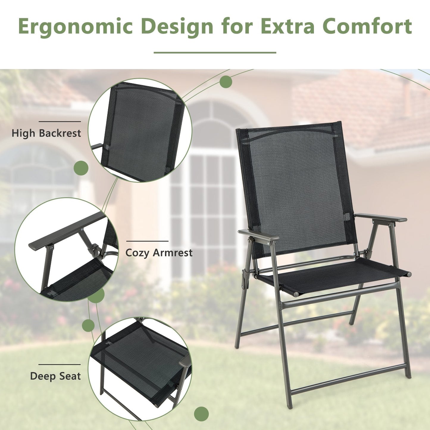 2 Pieces Patio Folding Chairs with Armrests for Deck Garden Yard, Black & Gray Patio Dining Chairs   at Gallery Canada