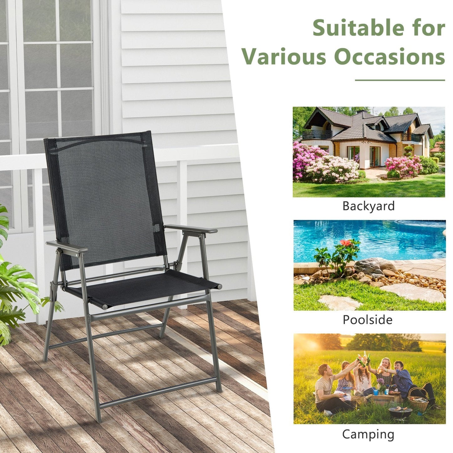 2 Pieces Patio Folding Chairs with Armrests for Deck Garden Yard, Black & Gray Patio Dining Chairs   at Gallery Canada