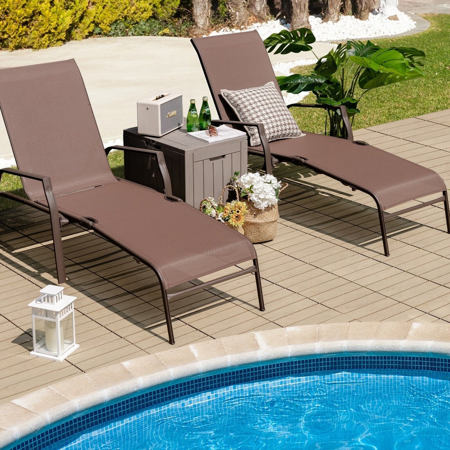 2 Pieces Patio Folding Chaise Lounge Chair Set with Adjustable Back, Brown Outdoor Chaise Lounges   at Gallery Canada