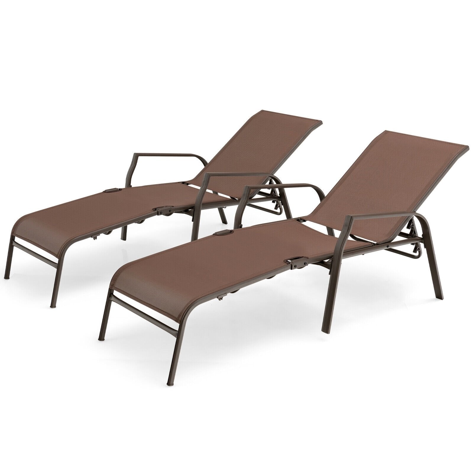 2 Pieces Patio Folding Chaise Lounge Chair Set with Adjustable Back, Brown Outdoor Chaise Lounges   at Gallery Canada